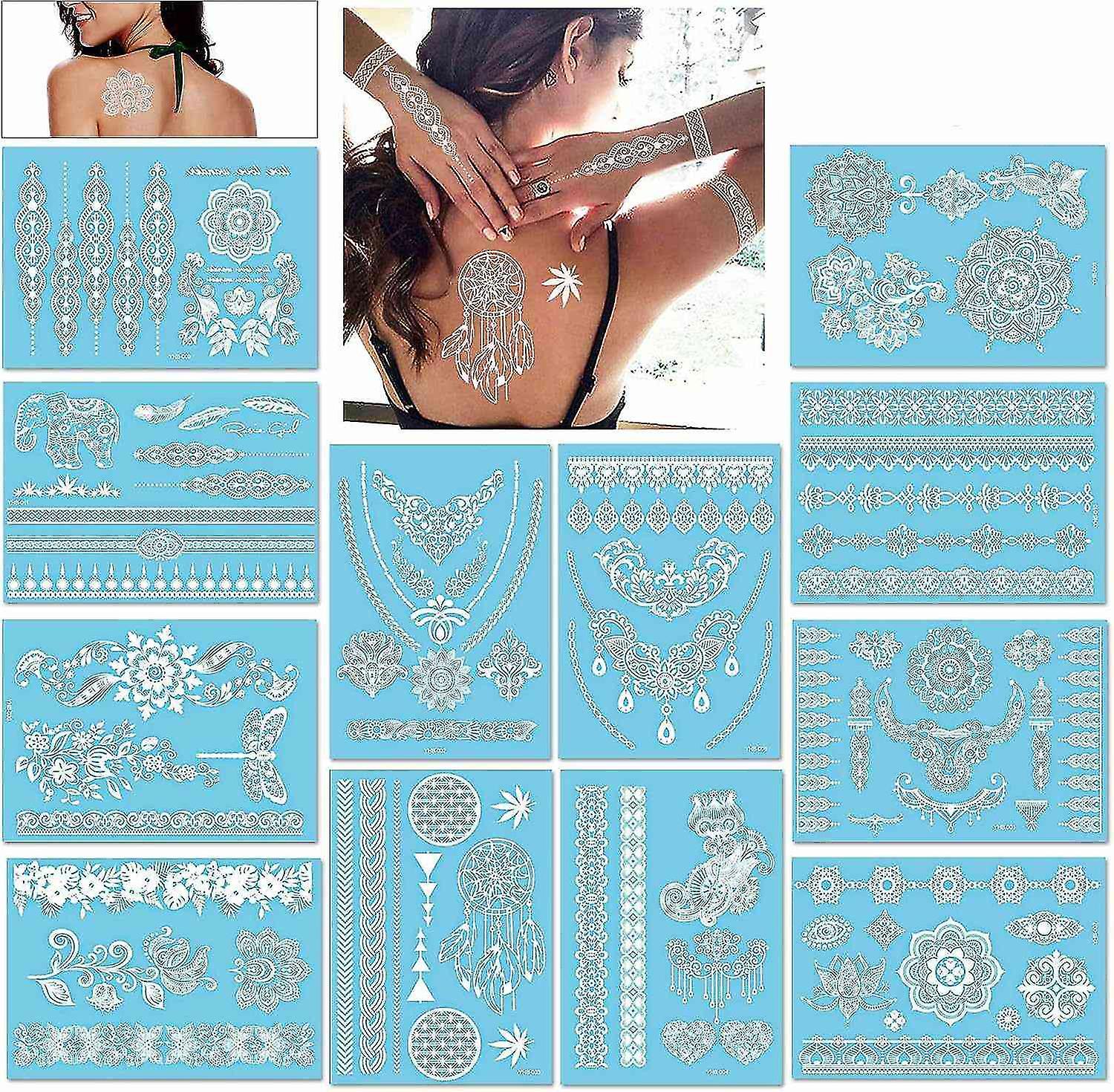 12 Sheets Temporary Tattoos Women, Tatouage Temporaires arm wrist white body tattoo Sticker fake tat