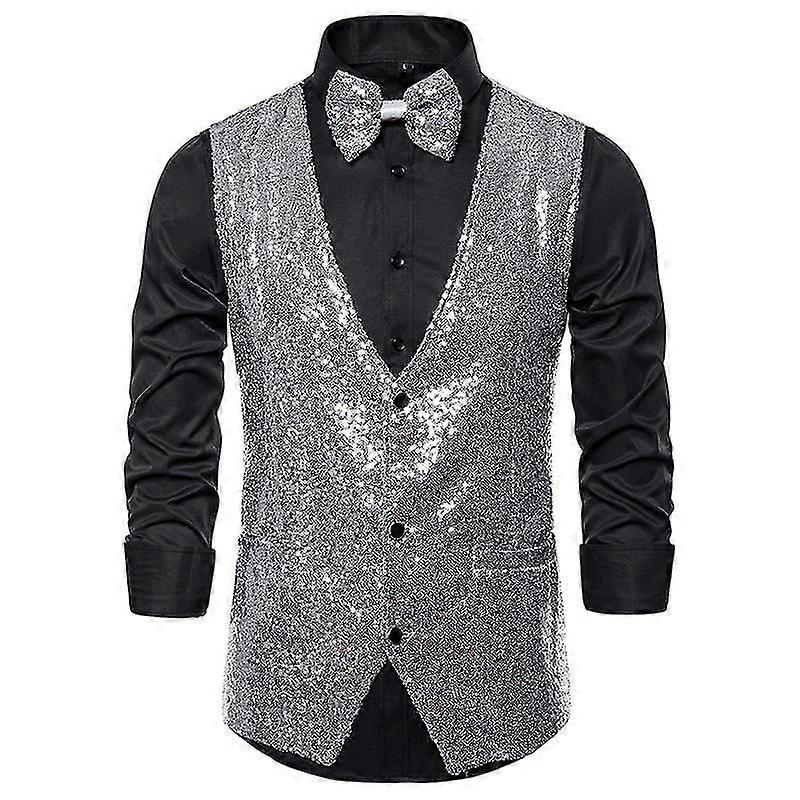 אפוד פאייטים בגזרה Slim Fit לגברים, מעיל מגן מבריק עם צווארון V