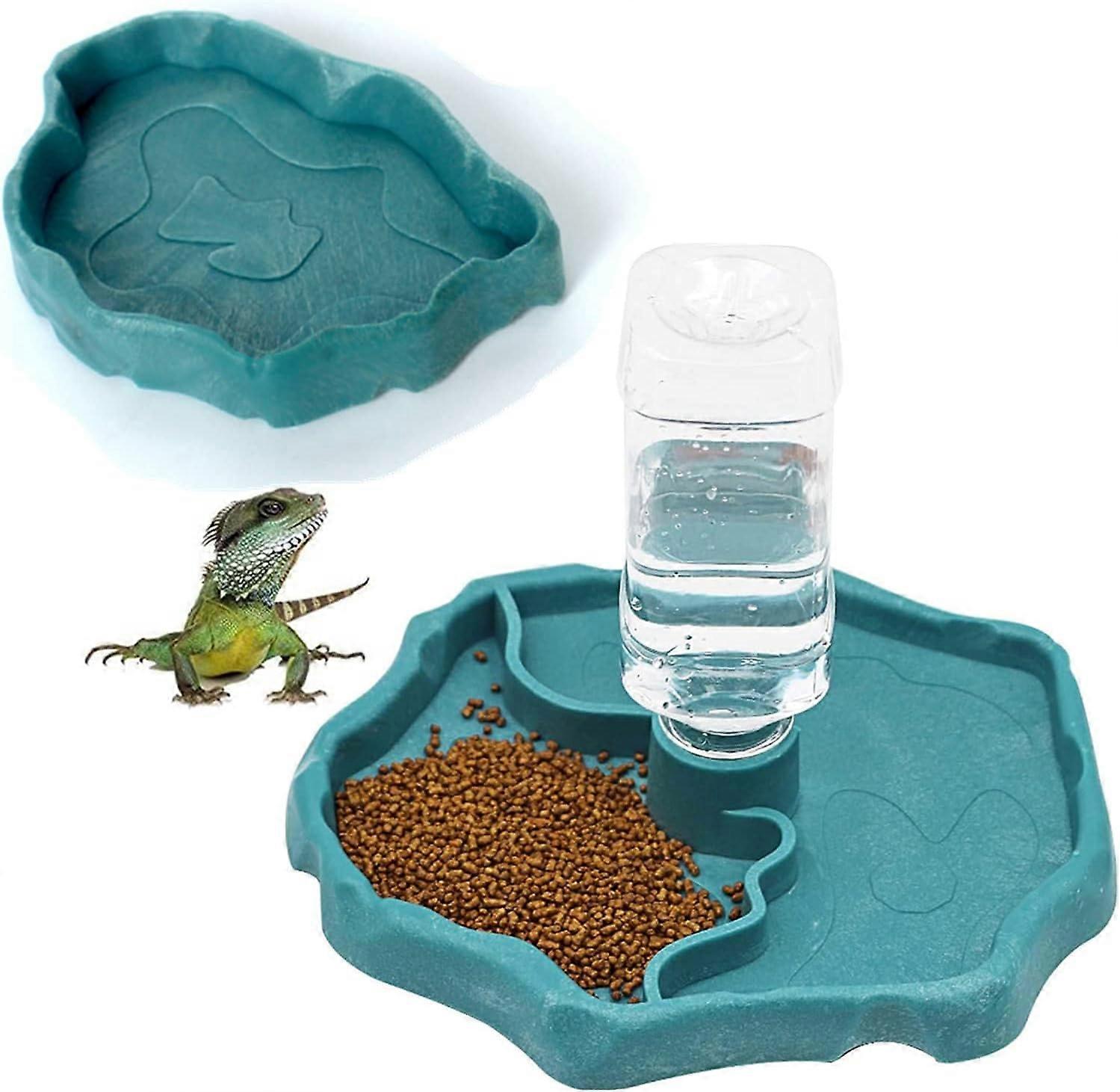 Reptile Water Dispenser, 2-in-1 Anti-Overflow Bowl Food Dispenser, Plastic Bowl for Tortoise Gecko - Blue
