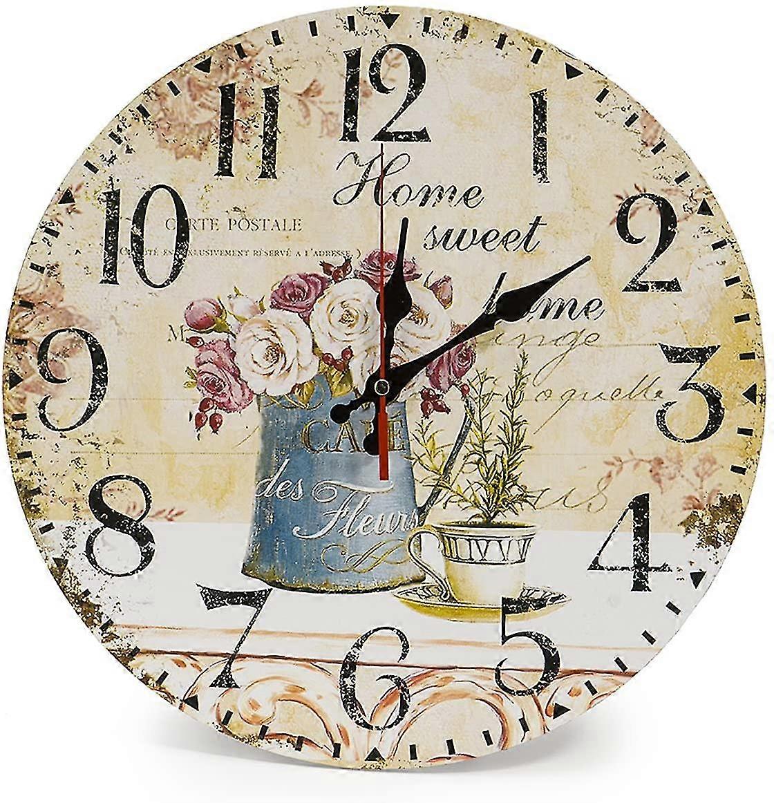 Home 12"/30cm Wooden Wall Clock Rustic Kitchen Clock Silent No Tick
