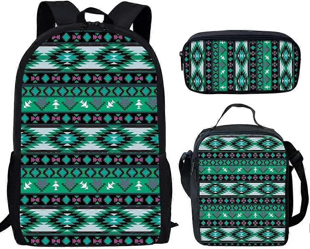 مجموعة حقيبة ظهر عتيقة خضراء من Southwest Aztec من 3 قطع حقيبة كتب مدرسية مع حقيبة قلم رصاص صندوق غداء