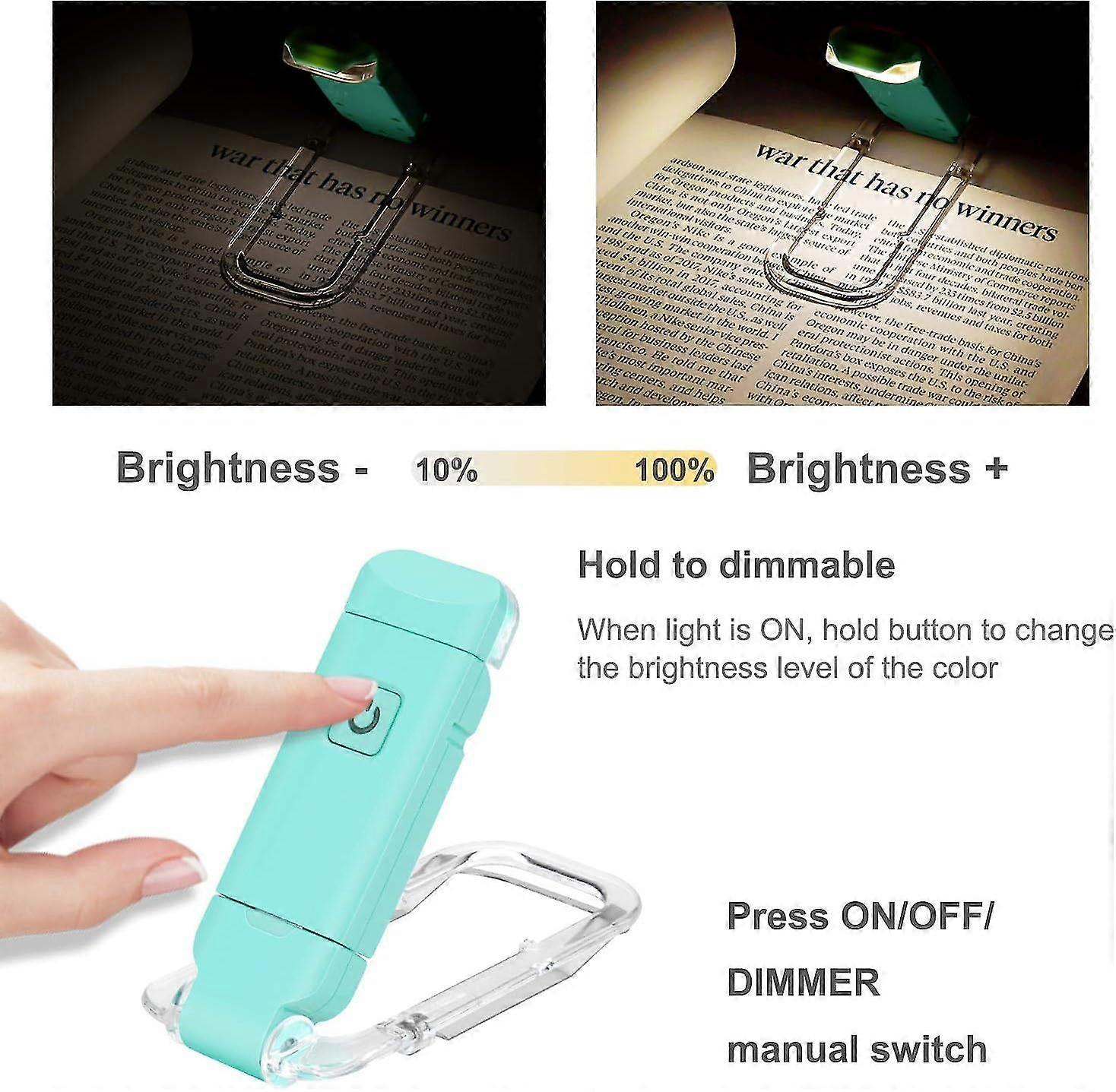 HONWELL Lampe de livre rechargeable, lampes de lecture LED à clipser pour les enfants lisant au lit, 3 niveaux de luminosité Lumière marque-page à intensité variable pour la protection des yeux, P