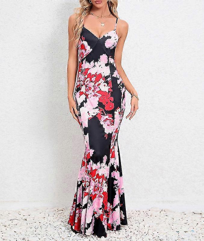 Women's Floral V Neck Sling Open Back Summer Maxi Dress