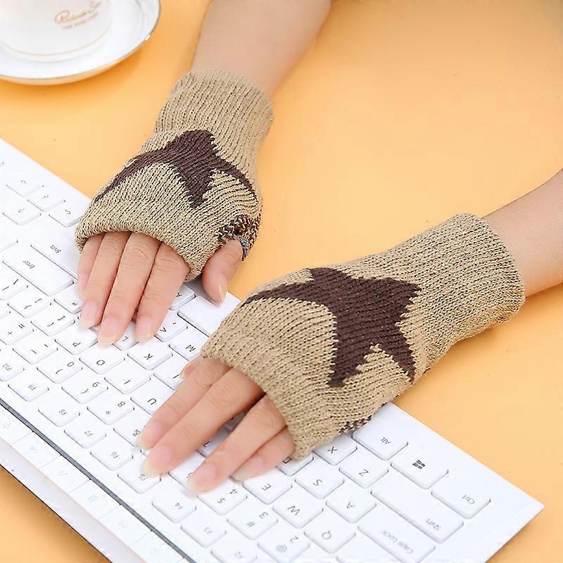 Women\'s Winter Warm Knitted Fingerless Gloves Cartoon Five-pointed Star Pattern Screen Touching