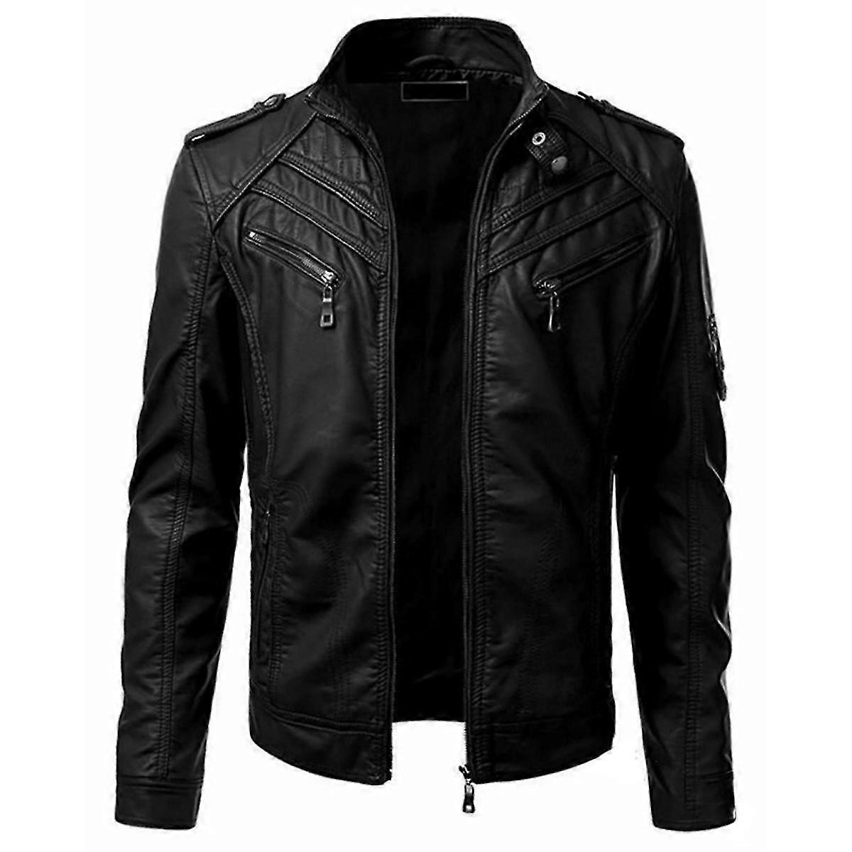 Mens Cool Zipper PU Leather Jacket Motorcycle Lapel Large Size Jacket