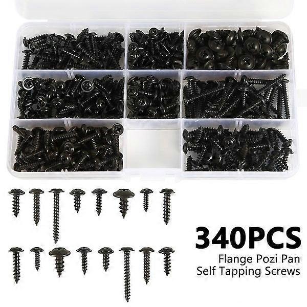 340Pcs Flange Self Tapping Screws, Bolt Cross Head Black Assorted Set in a Compa