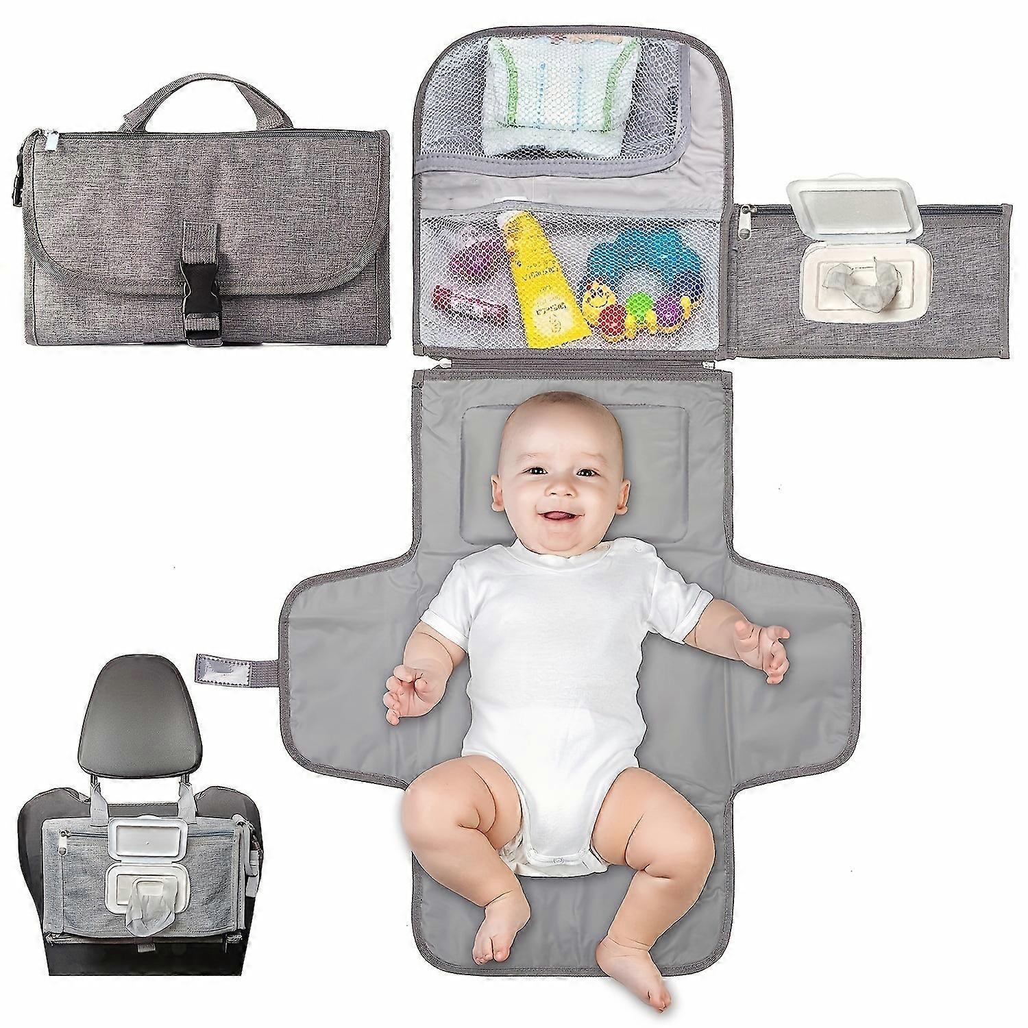Portable Diaper Changing Pad, Portable Changing pad for Newborn Girl & Boy - Baby Changing Pad with Smart Wipes Pocket,grey
