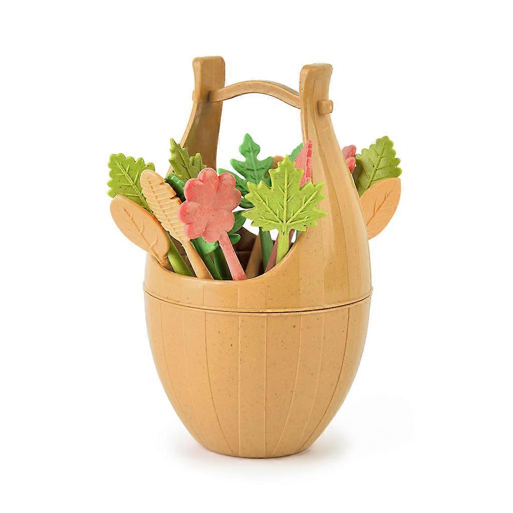 Mini Wooden Barrel with Leaf Shape Small Fork Wheat Straw Dessert Salad Forks