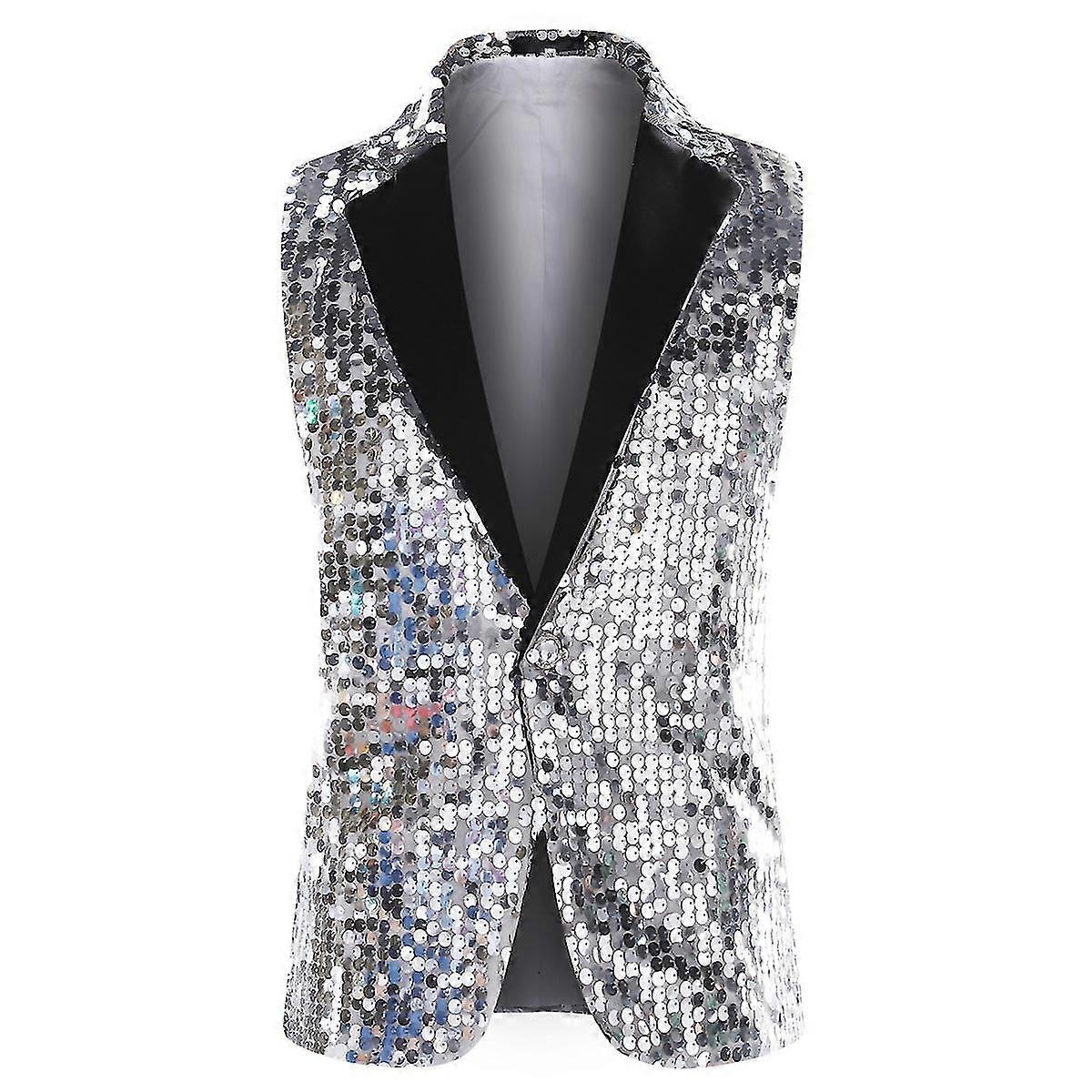 VAWAN Mens Casual Four Seasons Notched Lapel Sequined Slim Waistcoat