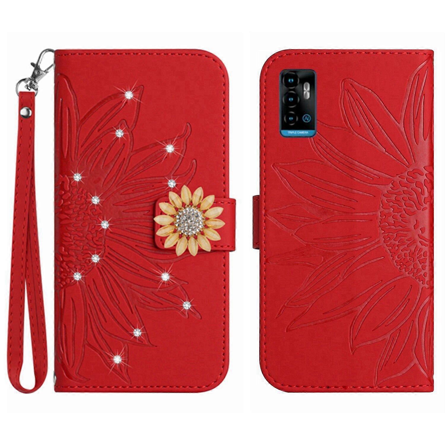 Compatible With ZTE Blade A71 Embossed Sunflower with Diamonds Magnetic Card Holder Wallet Phone Case with Short Strap