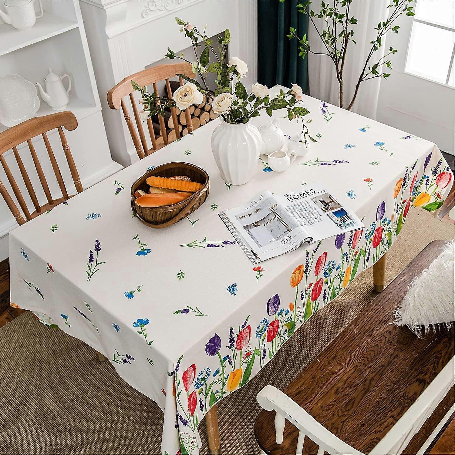 Dining Table Boho Cotton Linen Fabric Tablecloth, Rectangular Tulip Pattern Table Cover in Field for Kitchen, Dining Room | Table top | Party | Marria