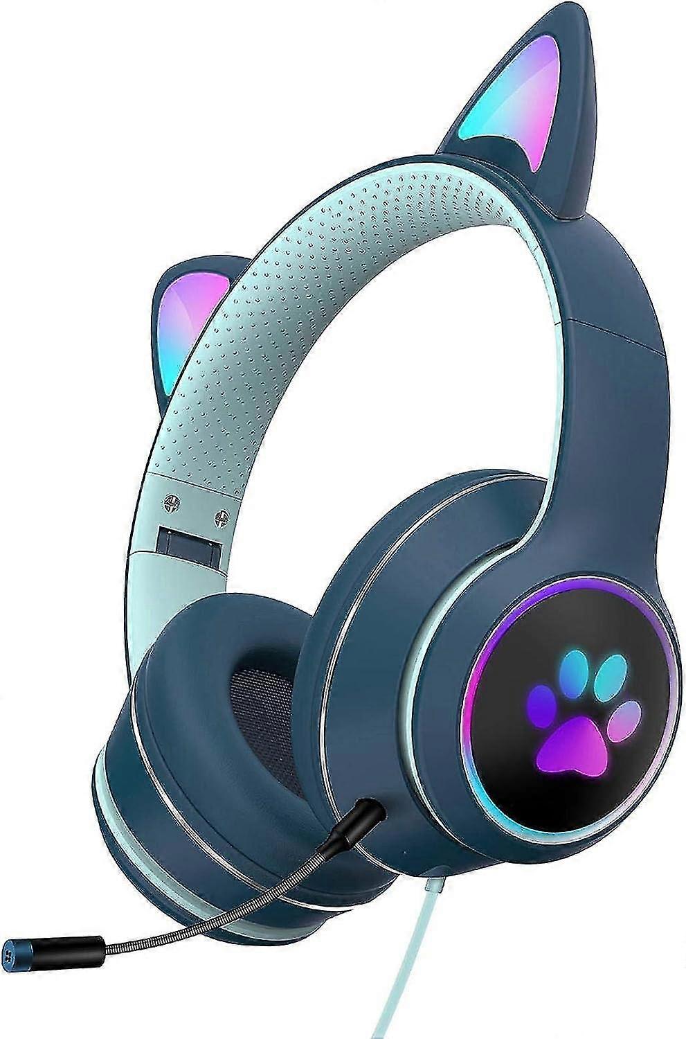 Wired Stereo Headphones With Cat Ears, With Cat Led Light, With Microphone For, Gray Pink