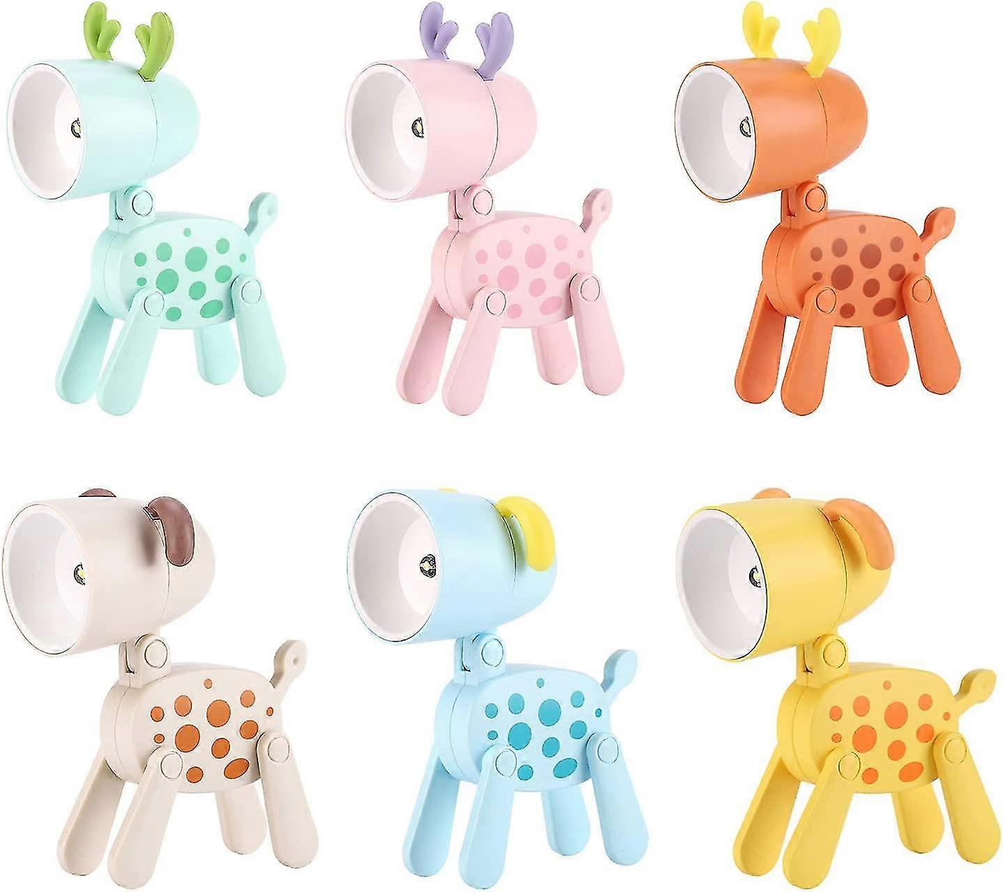 6 Pcs Mini Led Desk Lamp Cute Small Phone Holder,dog Deer Shape Night Light Adjustable Phone Stand,portable Reading Table Night Lamp For Kids Students