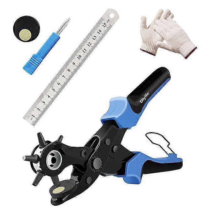 Punch Pliers, 6 Sizes, Leather Punch, Professional Belt Punch with 2 Punch Plates and Ruler for Leather, Paper, Plastic, Felt and More
