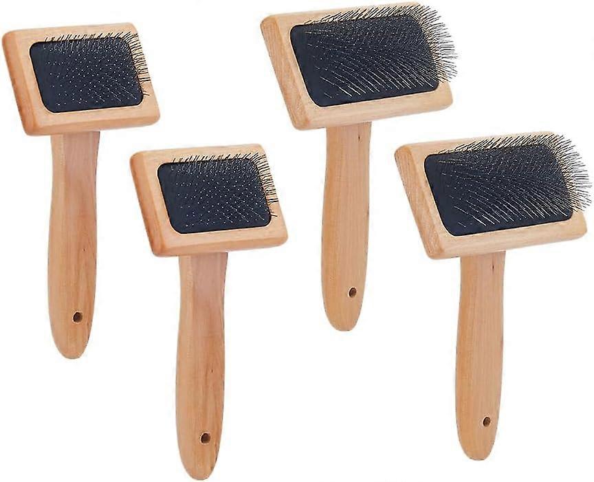 Hobbspring 4Pcs Wool Brush Hand Carders Slicker Brush Needle Felting Brush with Solid Wood Handle Wheat Color for Dogs Spinning and Weaving Craft Felt