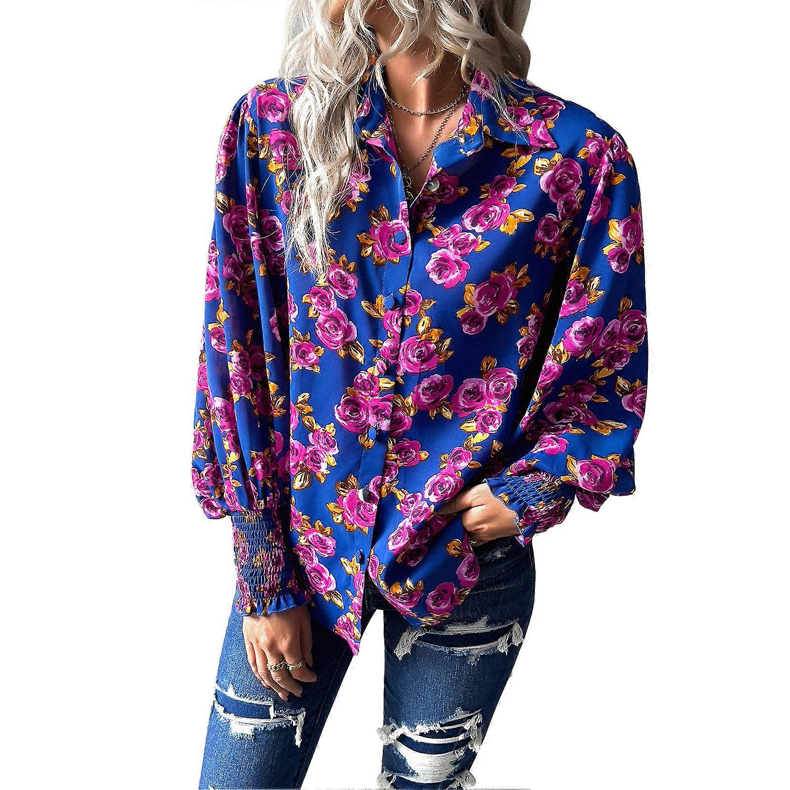 Women Turn Down Collar Puff Sleeve Printing Blouse Blue XL