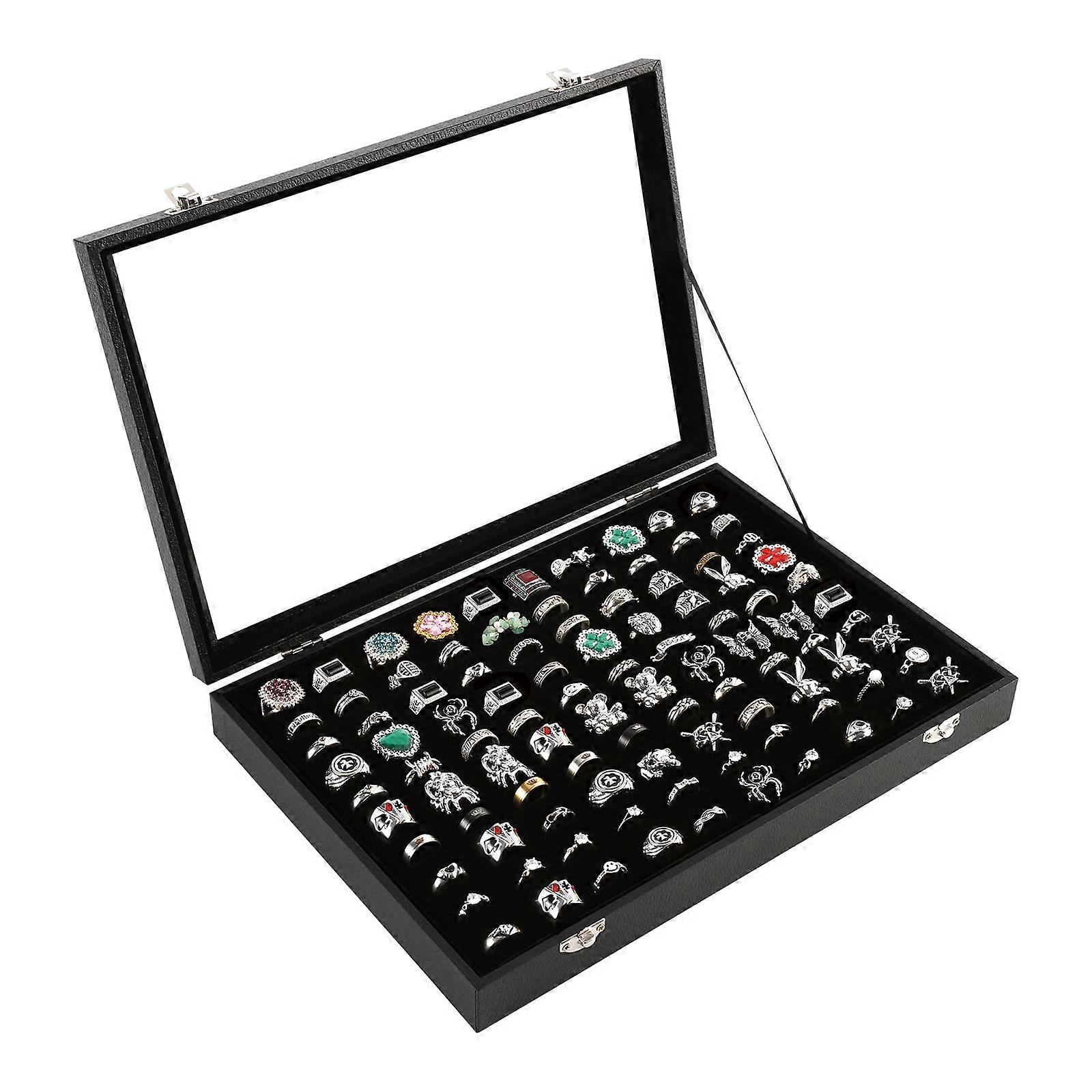 100 Slot Velvet Ring Organizer Display Box with Glass Lid for Jewelry Storage, 2-Layer Design, Compact and Elegant Style