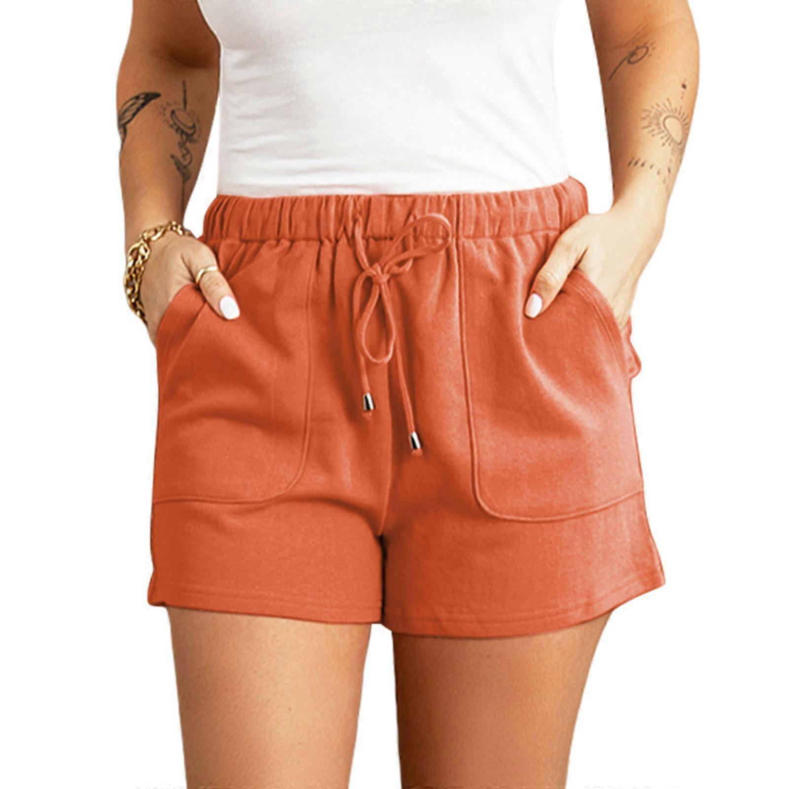 Women Summer Elastic High Waist Shorts with Drawstring Simple Solid Color Wide Leg Casual Loose Short Pants with Pockets for Workout Running Lounge 