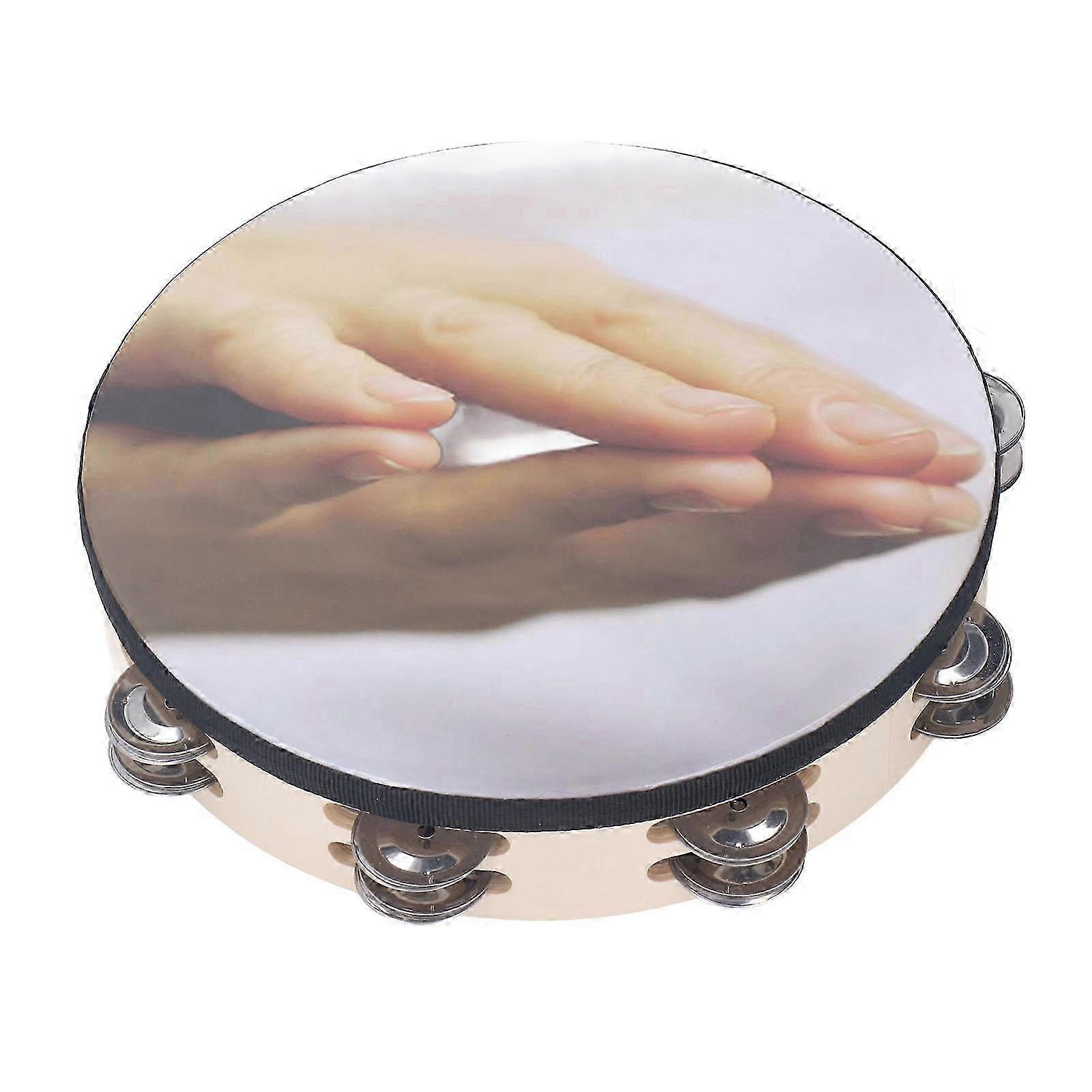 10in Double Row Tambourine with PET Waterproof Jingles, Hand Held Percussion Drum, Pray Pattern