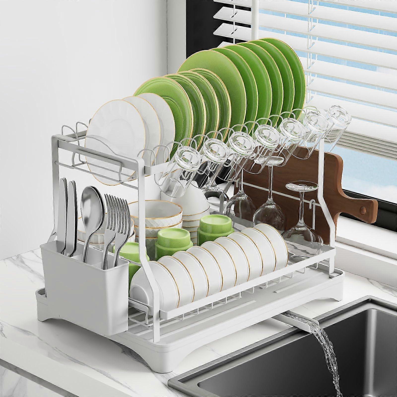 Dish Drying Rack 2-Tier Countertop, White, Space-Saving Large Capacity With Drainboard, Screw-Free Mounting