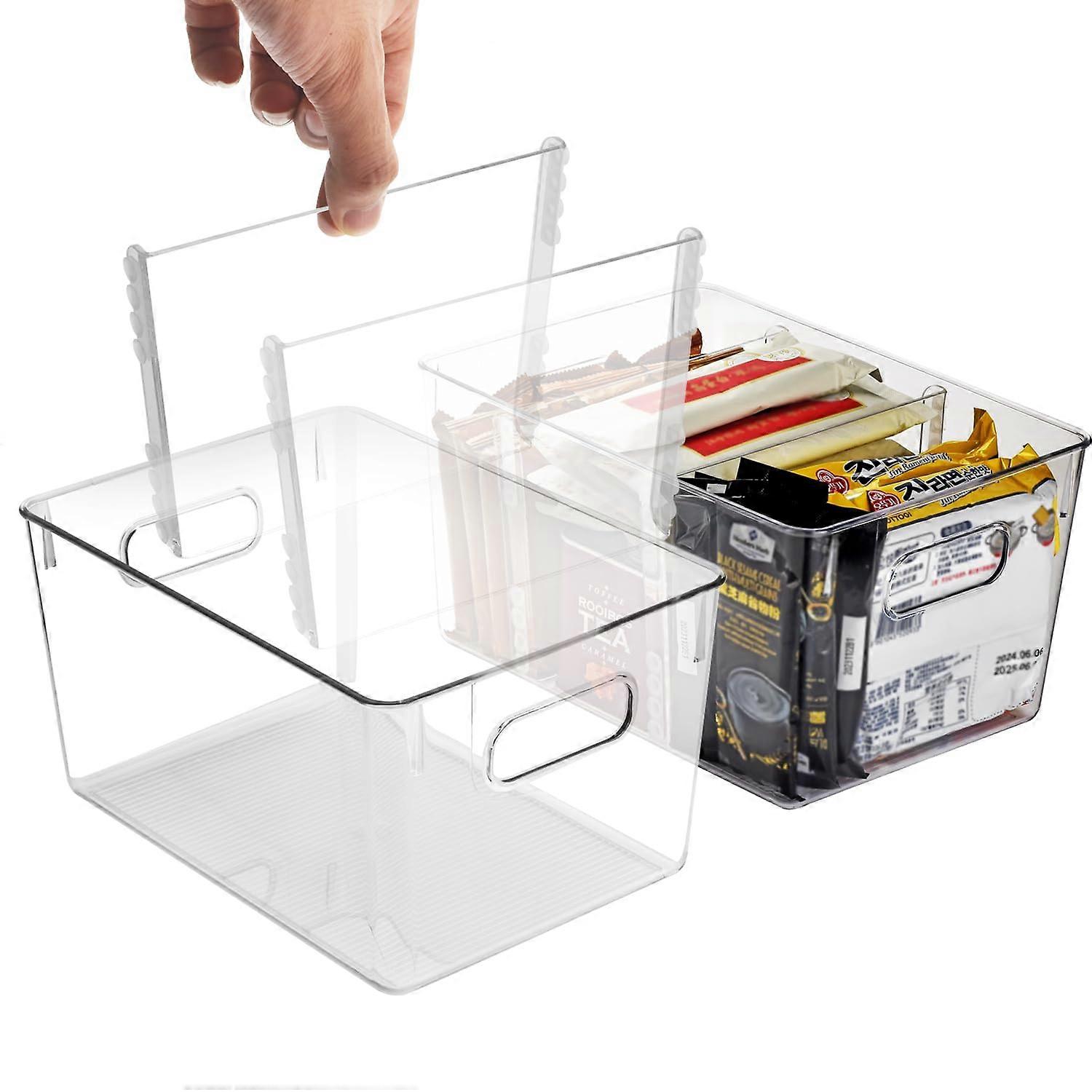 2 Pack Clear Plastic Pantry Storage Organizer Bins with Removable Dividers for Snacks, Pouches, and Spices in Kitchen Cabinets