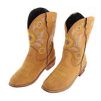 1 Pair Sunflower Sweet Embroidered Cowboy Cowgirl Boots Retro Western Chunky Heels Mid Calf Boots Ethnic Style Boots  Khaki 40