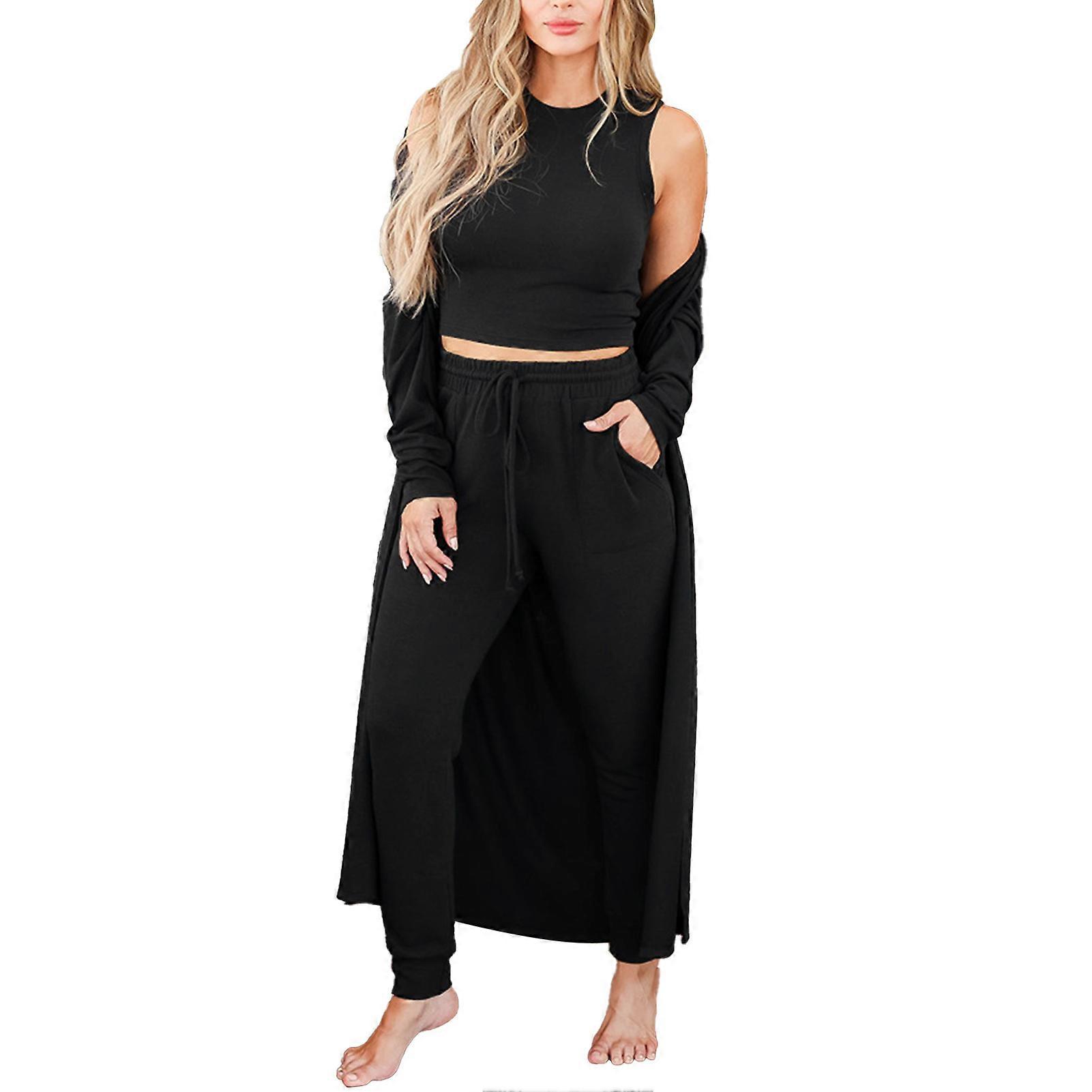 Dampyjamasset Höst Vinter Hemkläder Set 3-delat Loungewear Set Väst Byxor Kofta Set