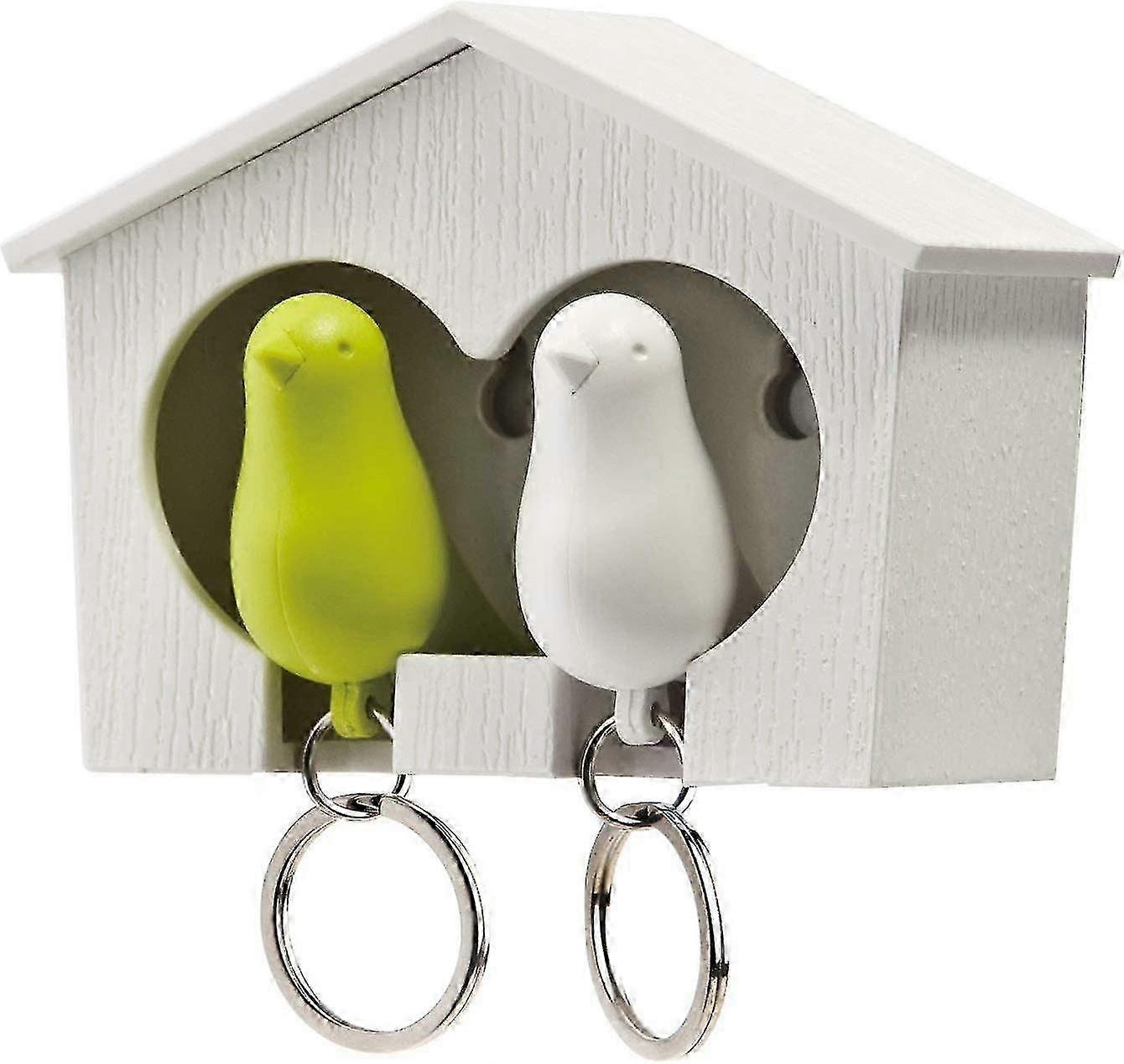Key Tray, Drum Key Ring Rack With Two Sparrows Design(White + Green Bird)