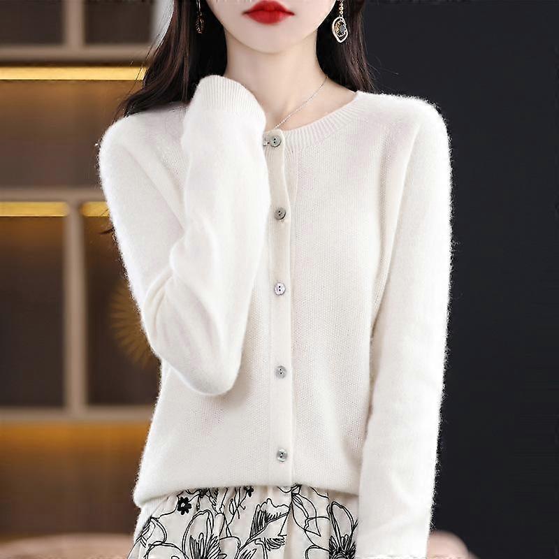 Cardigan Women Round Neck Spring and Autumn Long-sleeved Tunic Tops Pure Wool Knitted Jacket Plus Size