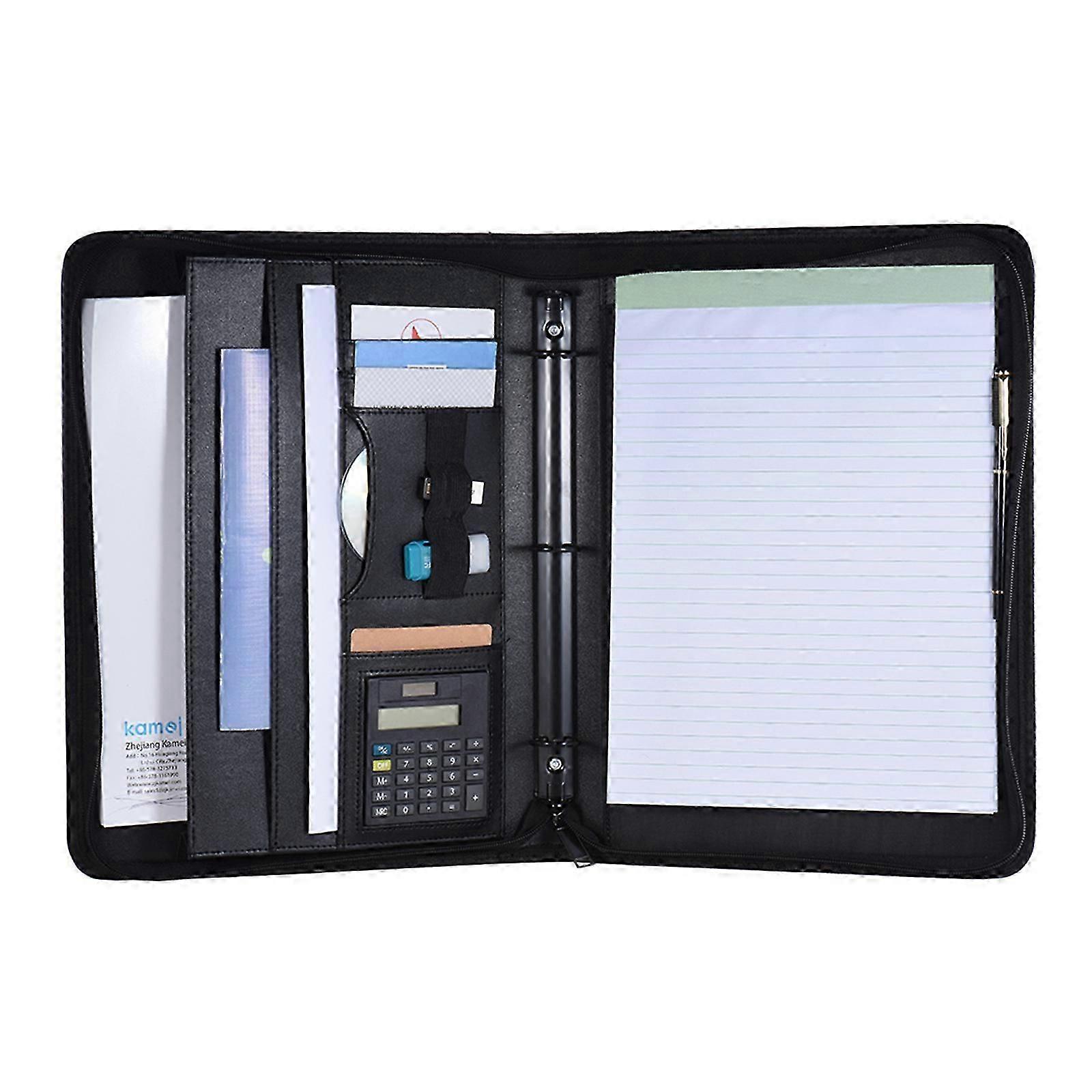 Multifunctional Professional Business Portfolio Padfolio Folder Document Case Organizer A4 PU Leather Zippered Closure Loose-leaf Loop with Calculator