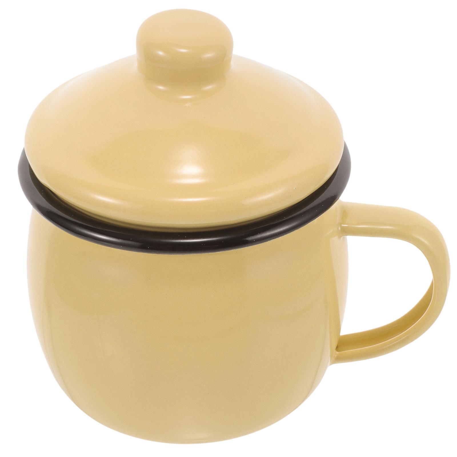 Yellow Enamel Pumpkin Mug with Lid – Microwave Safe Ceramic Cup for Coffee, Tea, and Milk with Ergonomic Handle and Decorative Design