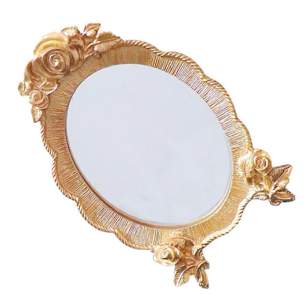 Retro Golden Resin Hand Mirror for Home Makeup with Stable Base and Clear Surface 7 Inch