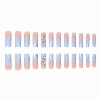 24pcs French Press on Nägel Lange Blau Gefälschte Nägel Square Bling Glänzender Strass Falsche Nagelspitzen Künstliche Nägel Finger Maniküre