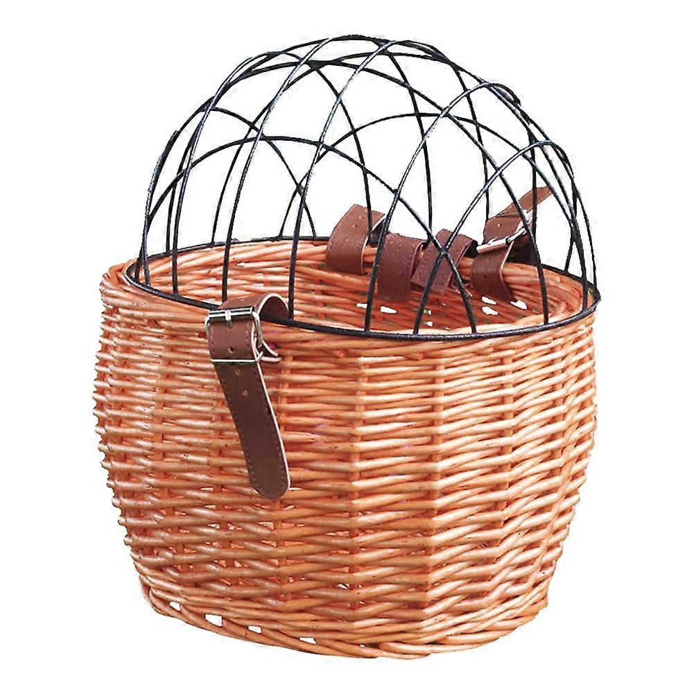 Hand Woven Pet Cat Dog Basket With Cover For Front Handlebar, Tool-Free Install, Compatible With MTB Road Bikes, Camel