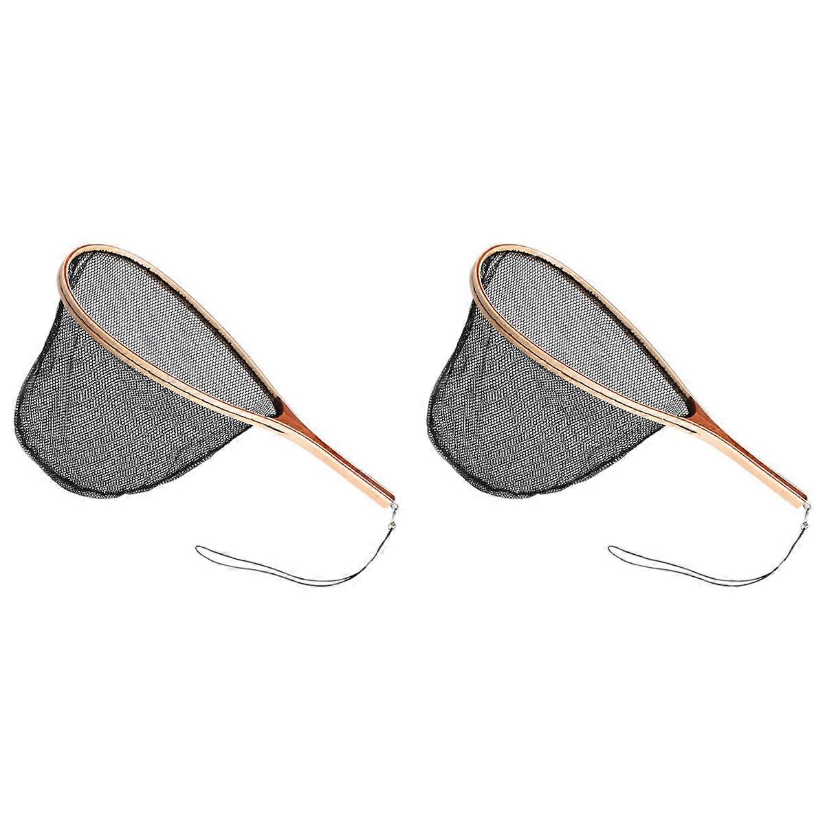 2X Fly Fishing Landing Net Wooden Handle Nylon Landing Handle Trout Mesh Fish Catch Release Scoop Fi