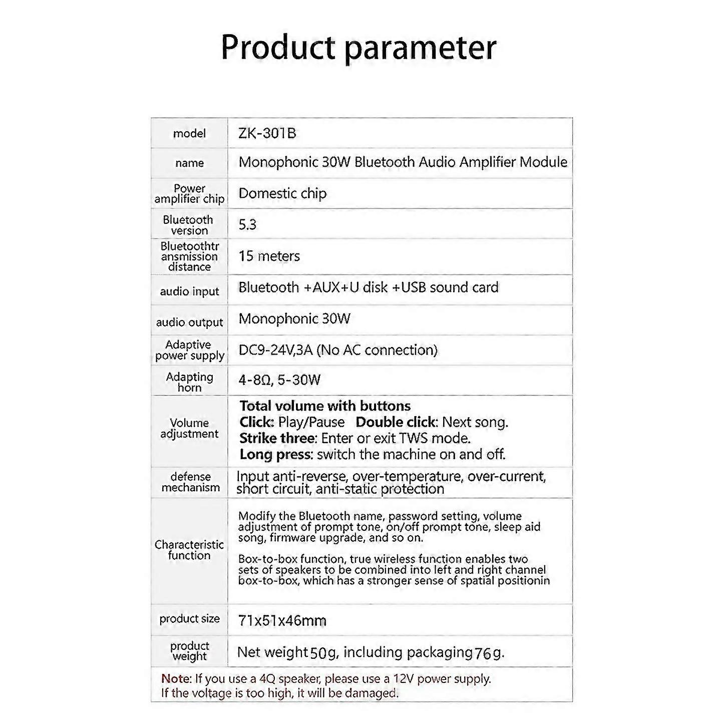 Zk301b Mono 30W BT53 Digitales Audioverstärkermodul Unterstützt True Wireless TWS mit App Diy Simple