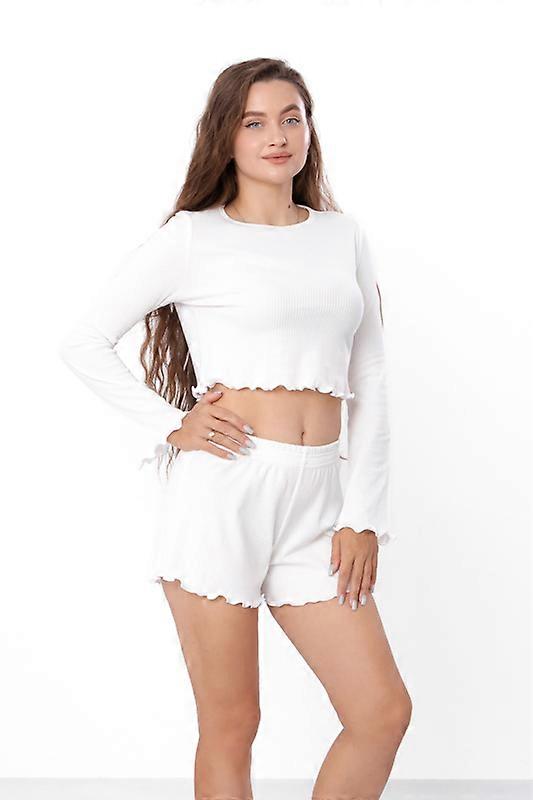 Szett (női) – Puha pamut, Hosszú ujjú crop felső és rövidnadrág, Hálóruha,, Bármely évszakban, HC 8448-050