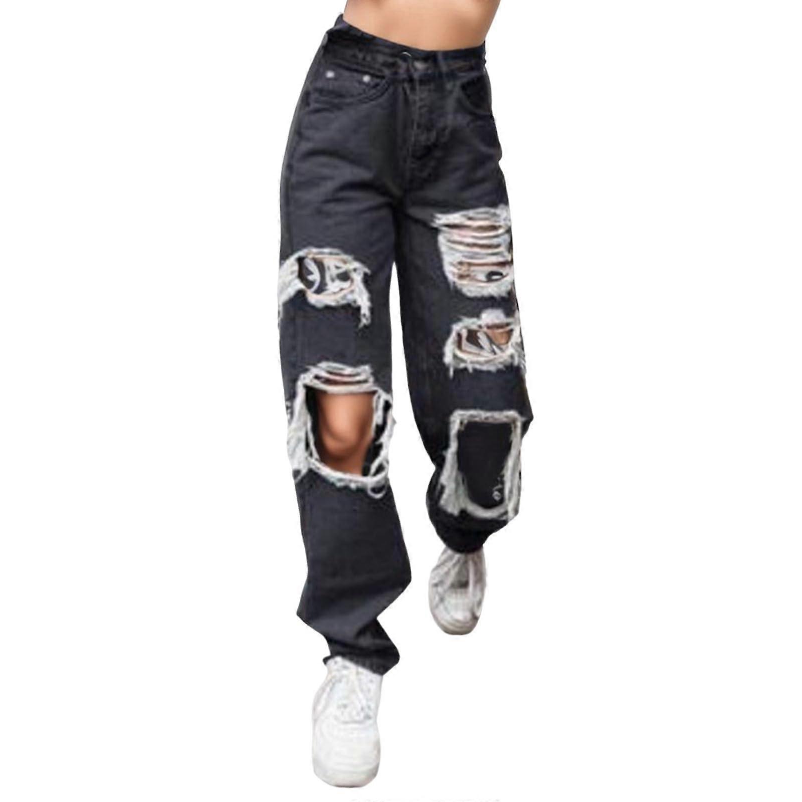 Women's Stretch Denim Jeans High Waist Black Trousers with Button Closure and Stylish Pockets in Size M for Casual Wear
