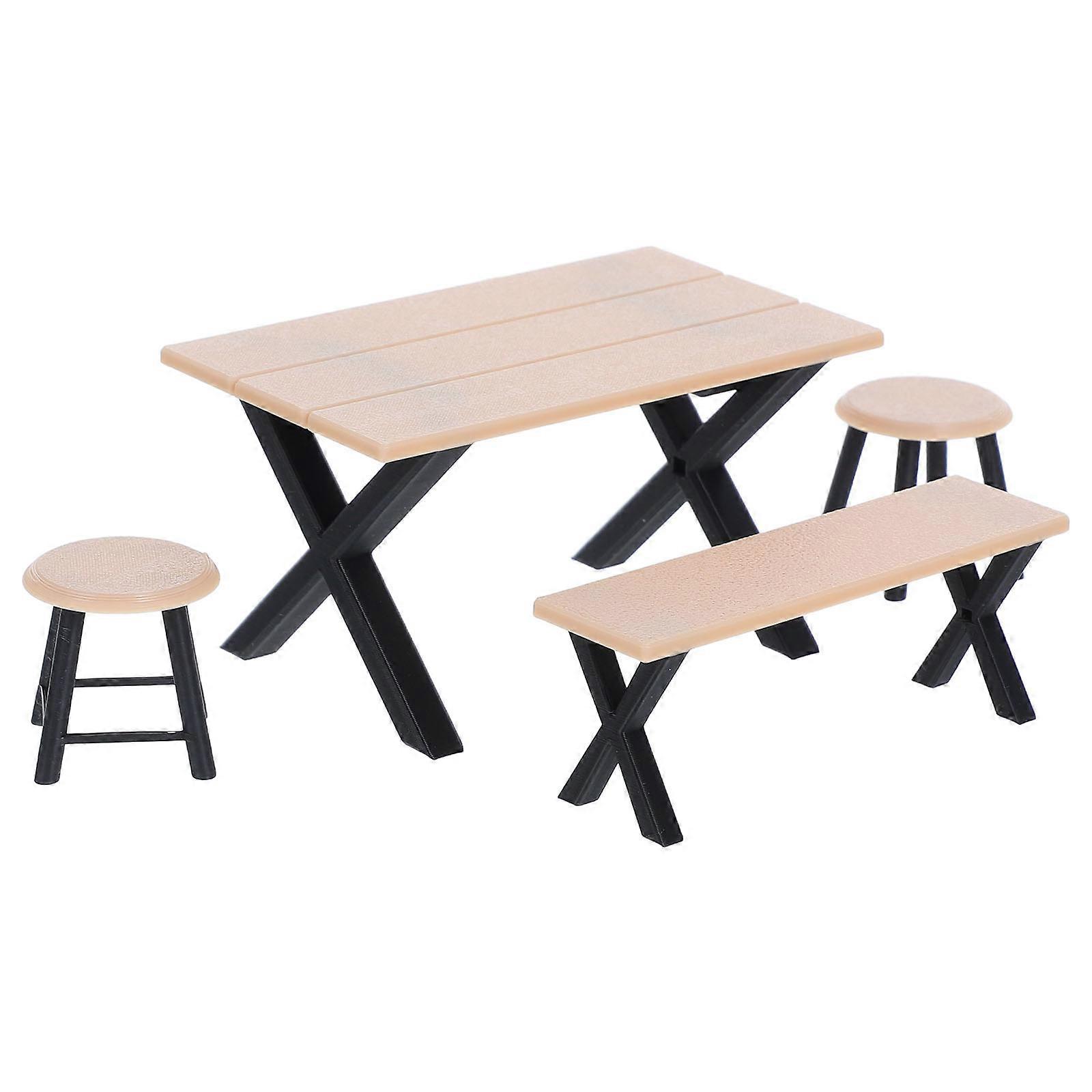 Mini Furniture For Dollhouse Scene Building Collectors Long Table Benches And Round Stools 4Pcs