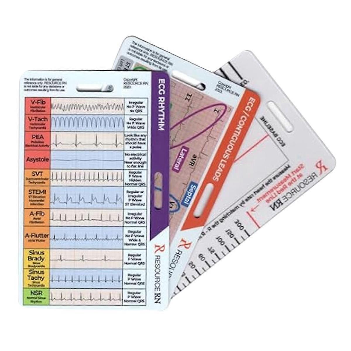 EKG Badge Card Set -3pcs Quick Reference for 12-Lead STEMI, Cardiac Rhythms & Intervals (Vertical/H