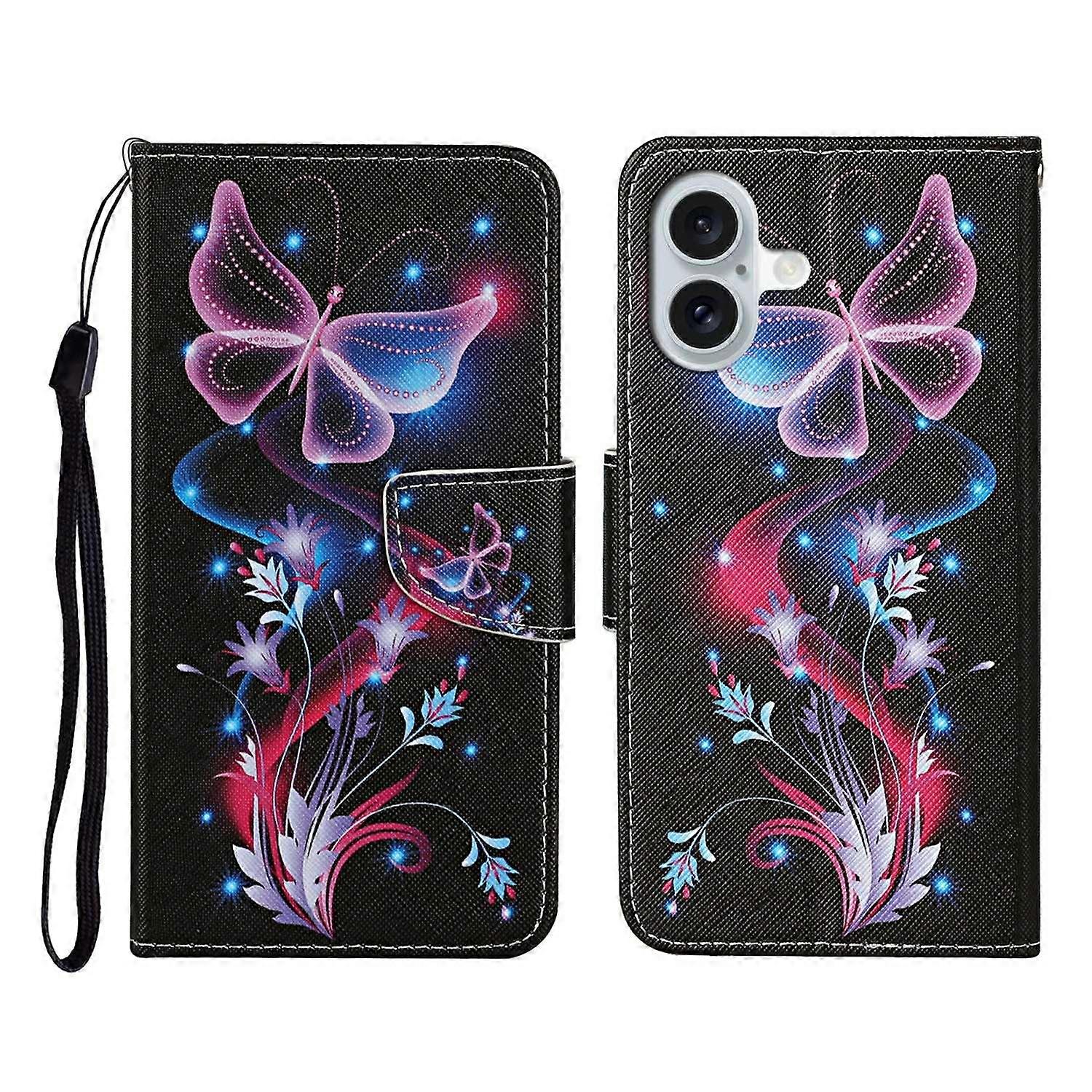 For iPhone 17 Case Pattern Printing Protective Leather Folio Phone Cover with Wrist Strap - Glowing 