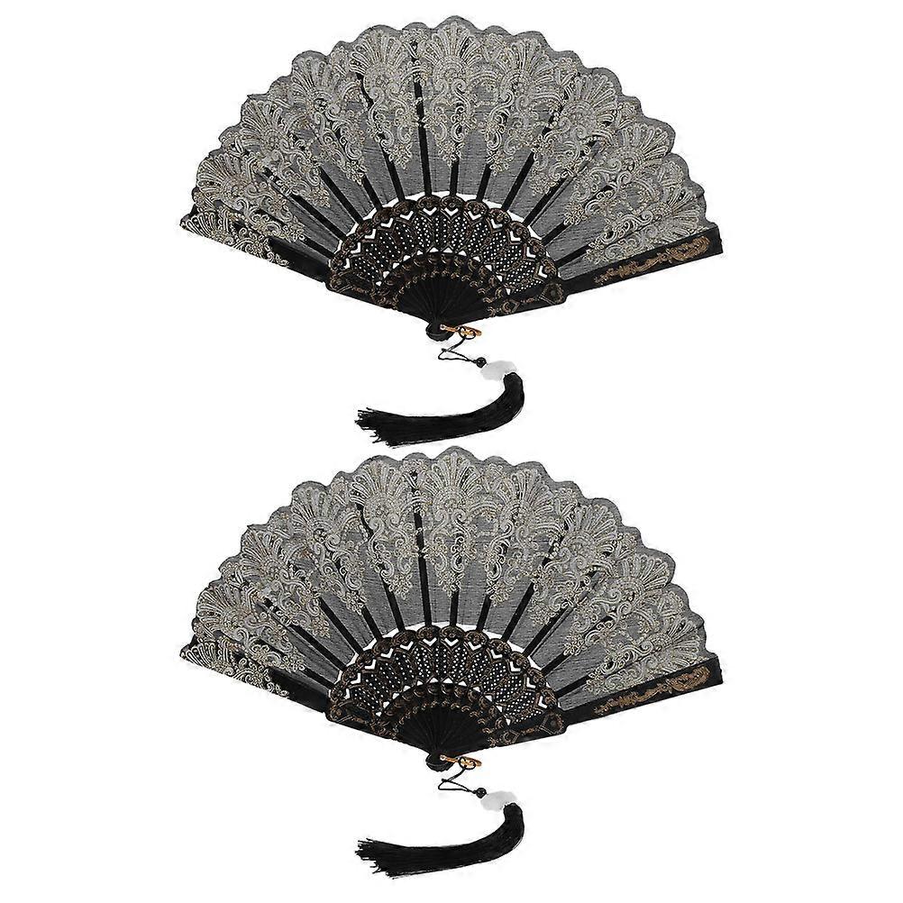 Embroidered Folding Fan for Decoration 6Pcs Black Hand Fan Set