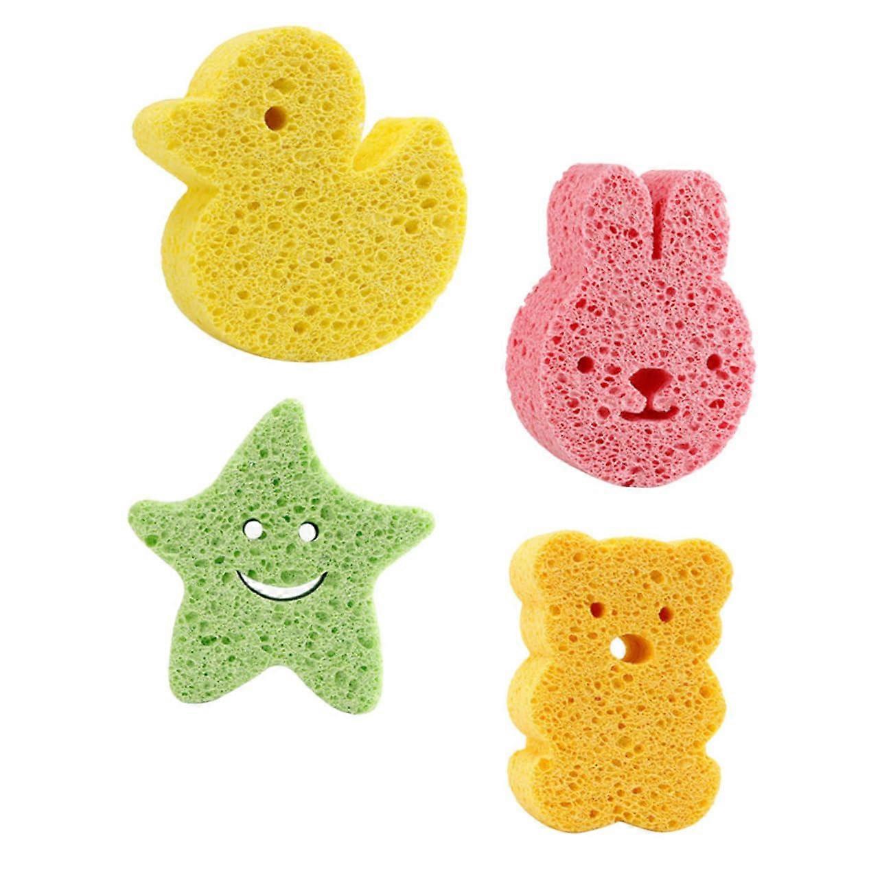 4pcs Cartoon Bath Sponge Set for Kids Soft Cleansing Tools with Bear, Star, Duck, and Bunny Designs for Fun Bathing