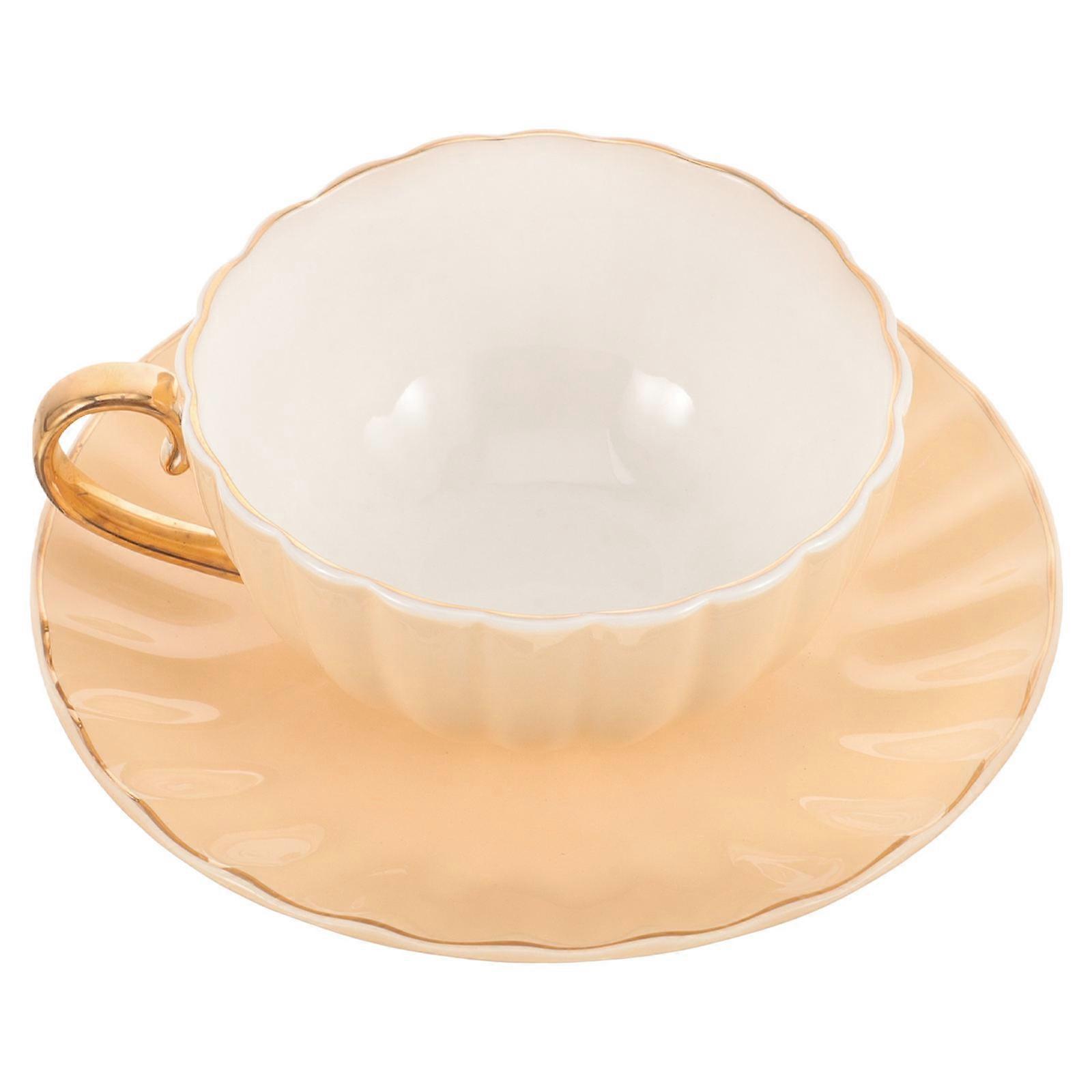 Coffee Cup Ceramic Cup Saucer for Drinking Use 3Sets Light Yellow Pumpkin