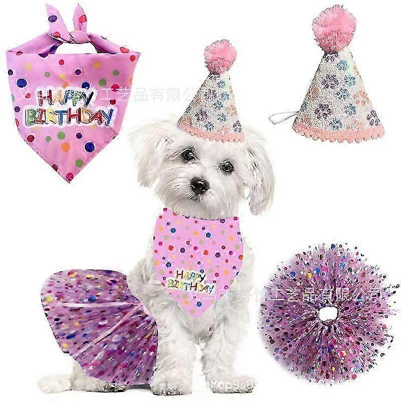 Dog Birthday Bandana with Hat and Dress Girl Set, Puppy Birthday Party Supplies, Cute Tutu Skirt Outfit for Small Medium Large Dogs