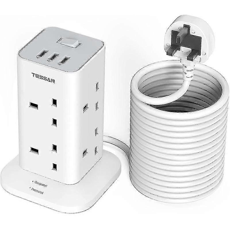 Exquisite 8-Way UK Multi Plug Extension Cord Power Tower Socket with USB Ports 2M/3M/10M, Surge Protector Mul