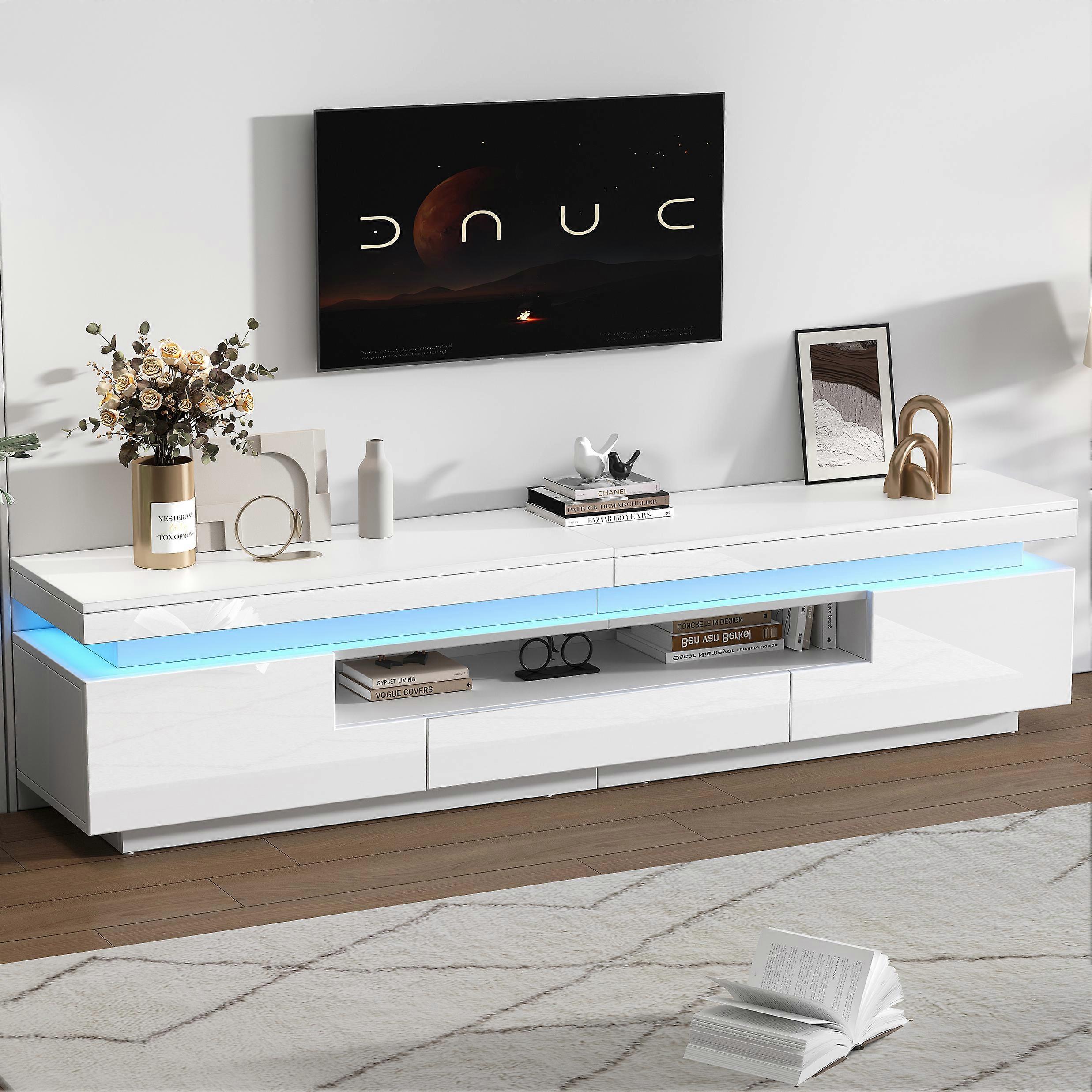 Glossy LED TV Stand 75 Inch 2 L-Shaped Cabinets 1 Drawer