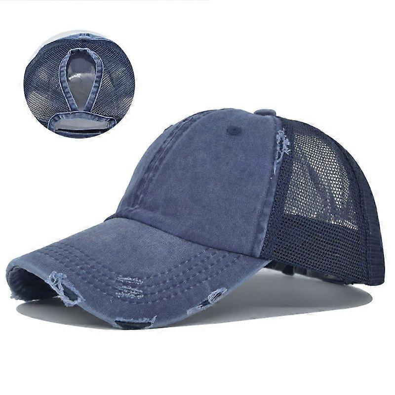 Old Fashion Baseball Cap Breathable Mesh Womens Ponytail Criss Cross Back Ponycap Vintage(navy blue)