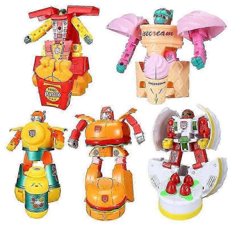 Plastic toy set for children: hamburger, fries, cake, and ice cream. Transformable plastic robot shaped like fun food. Educational toy.