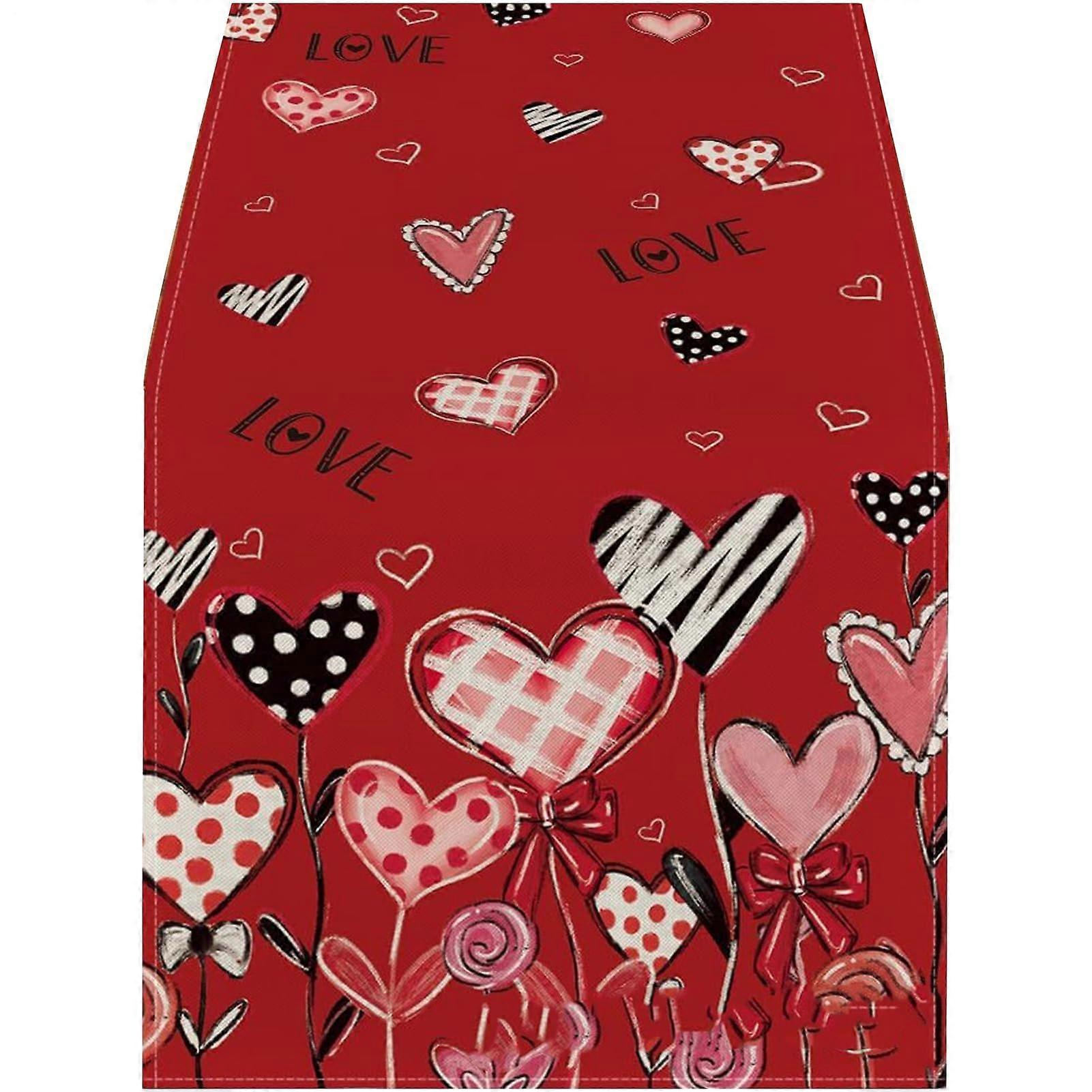 Valentines Table Runner with Heart Design for Romantic Dining, Polyester Rectangular Tablecloth
